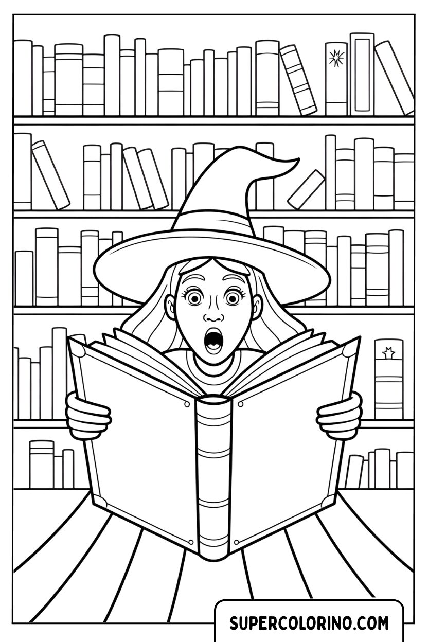 Disegno di una strega sorpresa in biblioteca da colorare