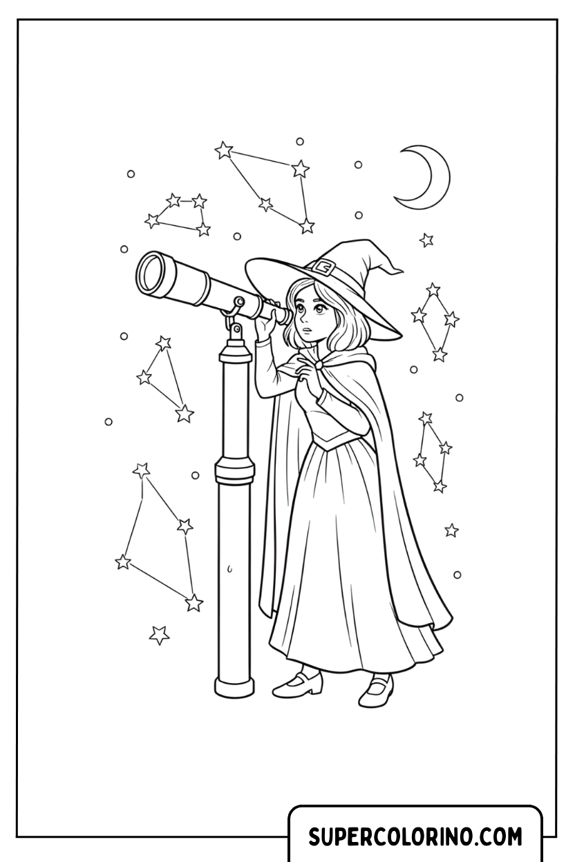 Disegno di una streghetta astronoma con il telescopio da colorare