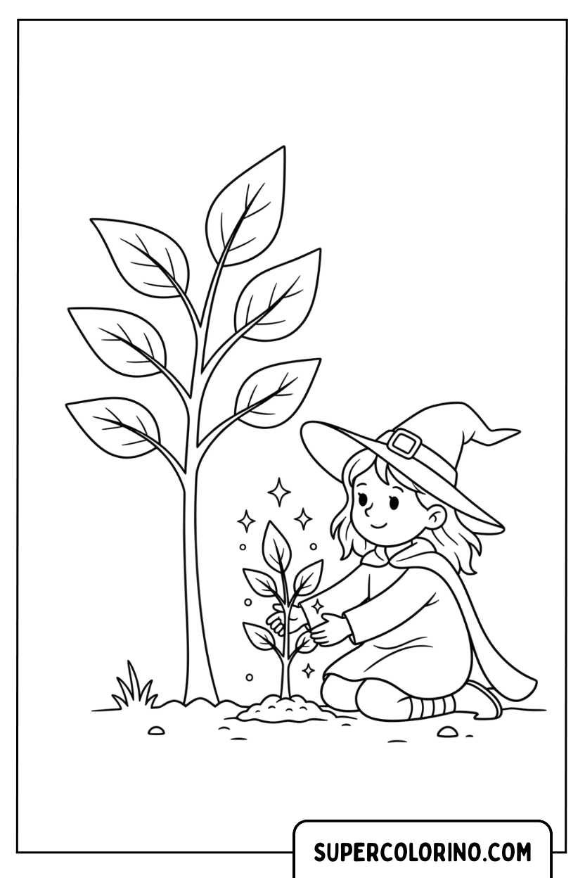 Disegno di una streghetta che cura le piante da colorare