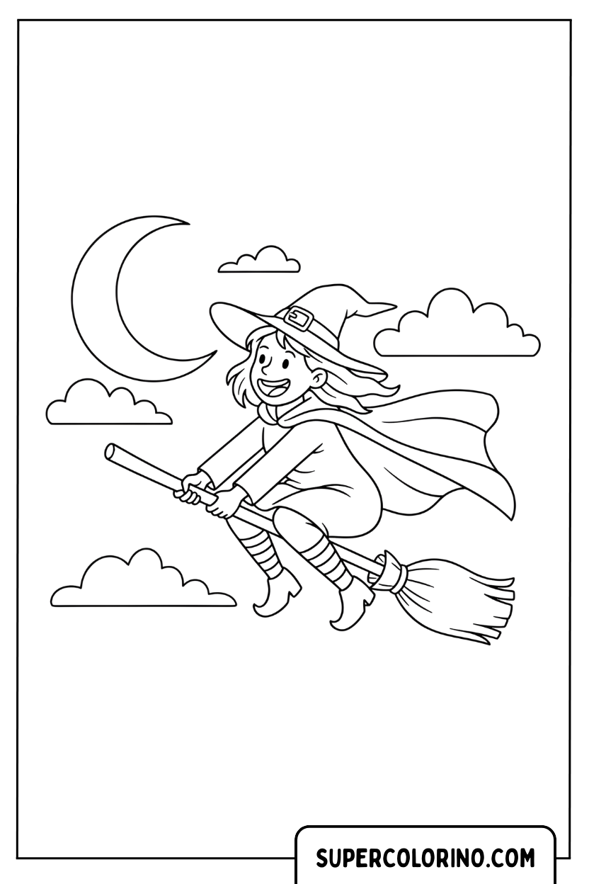 Disegno di una streghetta che vola sulla scopa da colorare