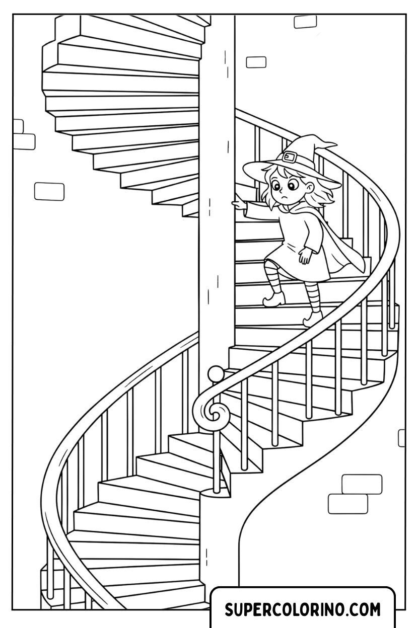 Disegno di una streghetta sulla scala a chiocciola da colorare