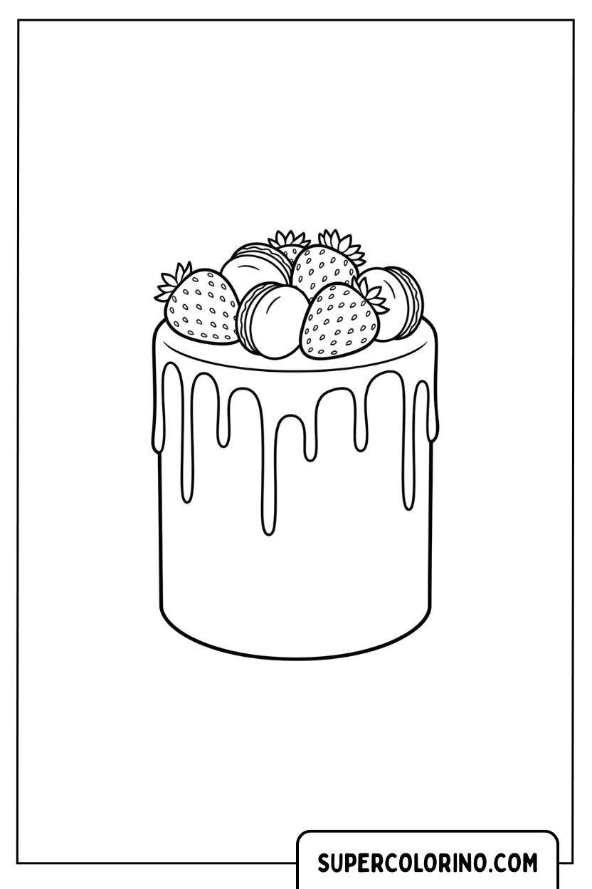 Kleurplaat van een hoge taart met aardbeien en macarons