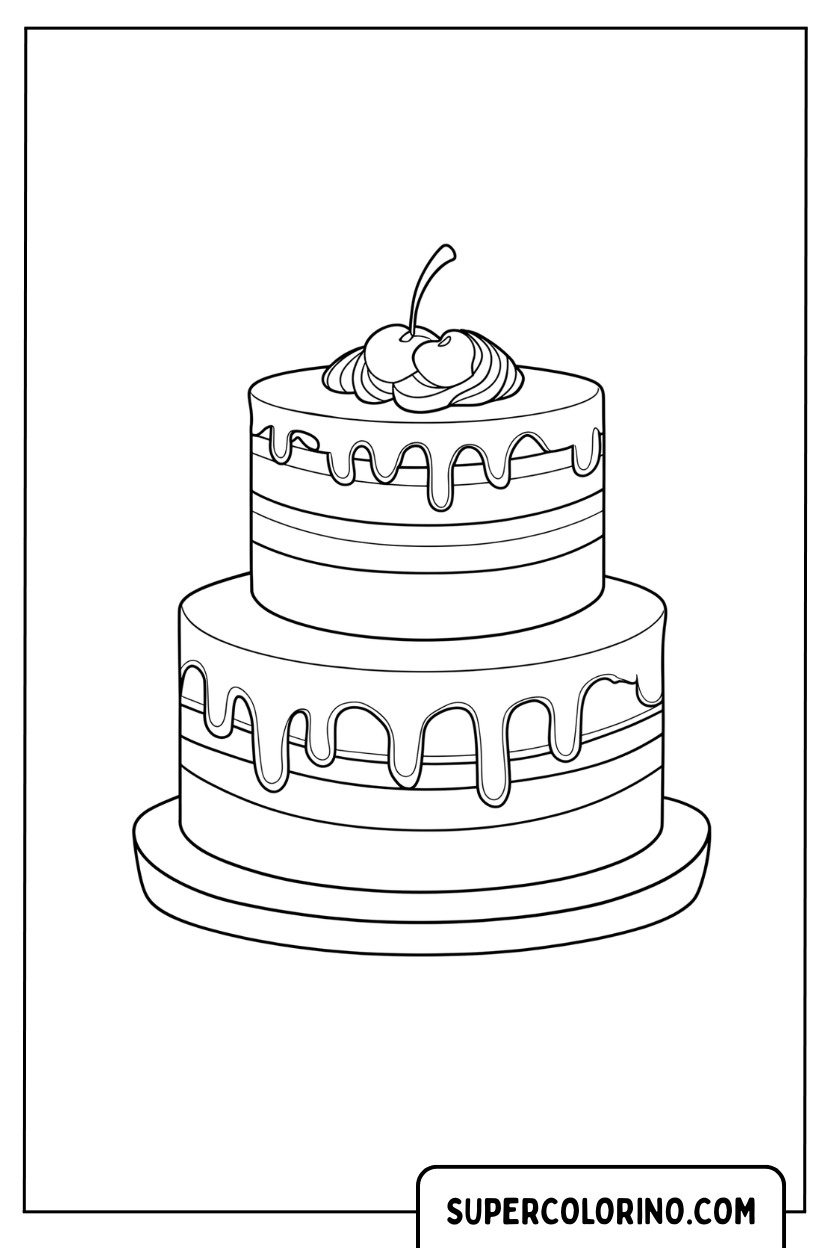Kleurplaat van een elegante tweelaagse cake met kersen