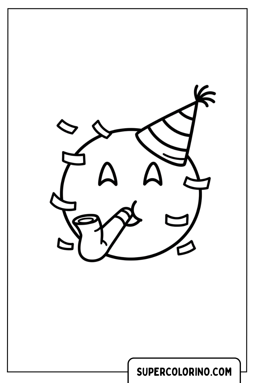Ausmalbild: Pfeifendes Geburtstags-Emoji