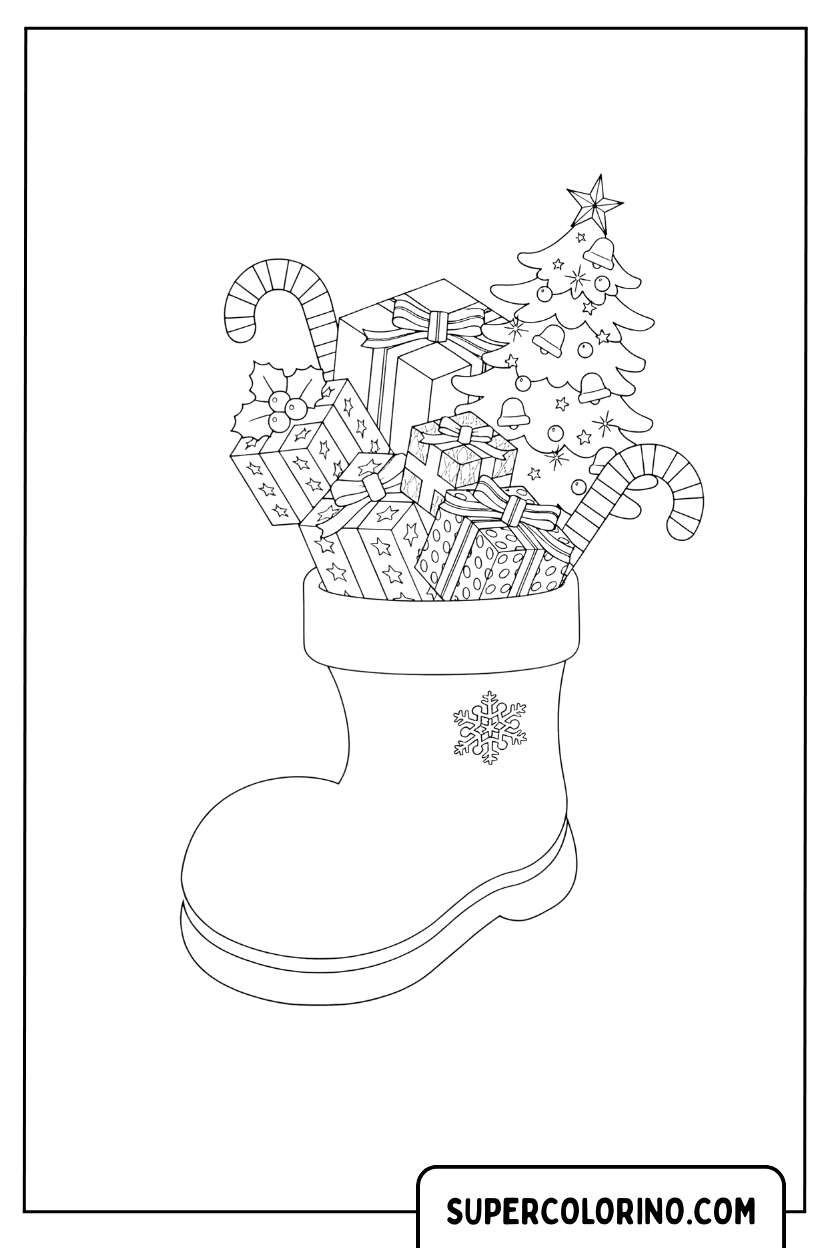 Malvorlage eines Weihnachtsstiefels voller Geschenke
