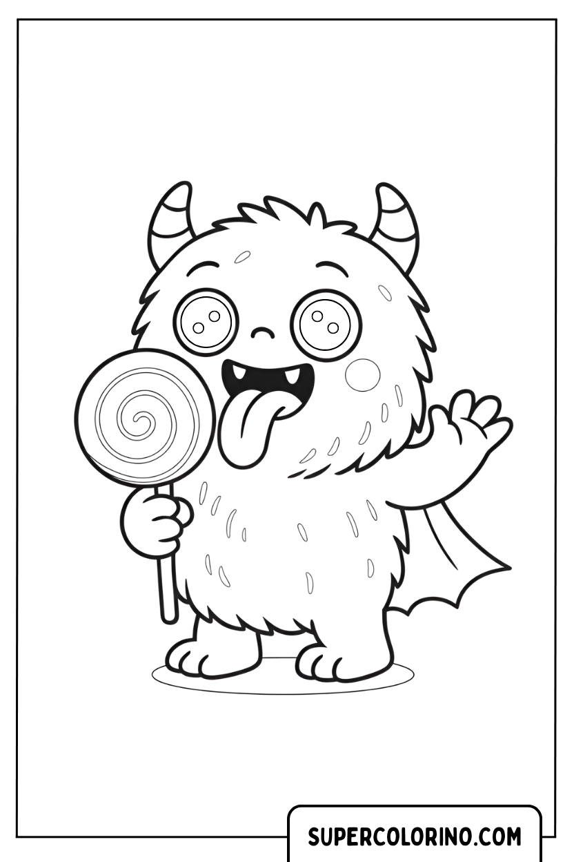 Gieriges Monster mit einem großen Lutscher zum Ausmalen