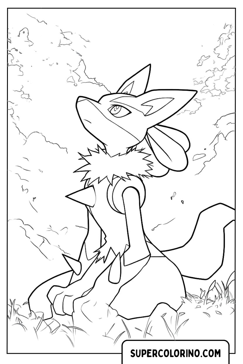 Ausmalbild: Lucario blickt in den Himmel