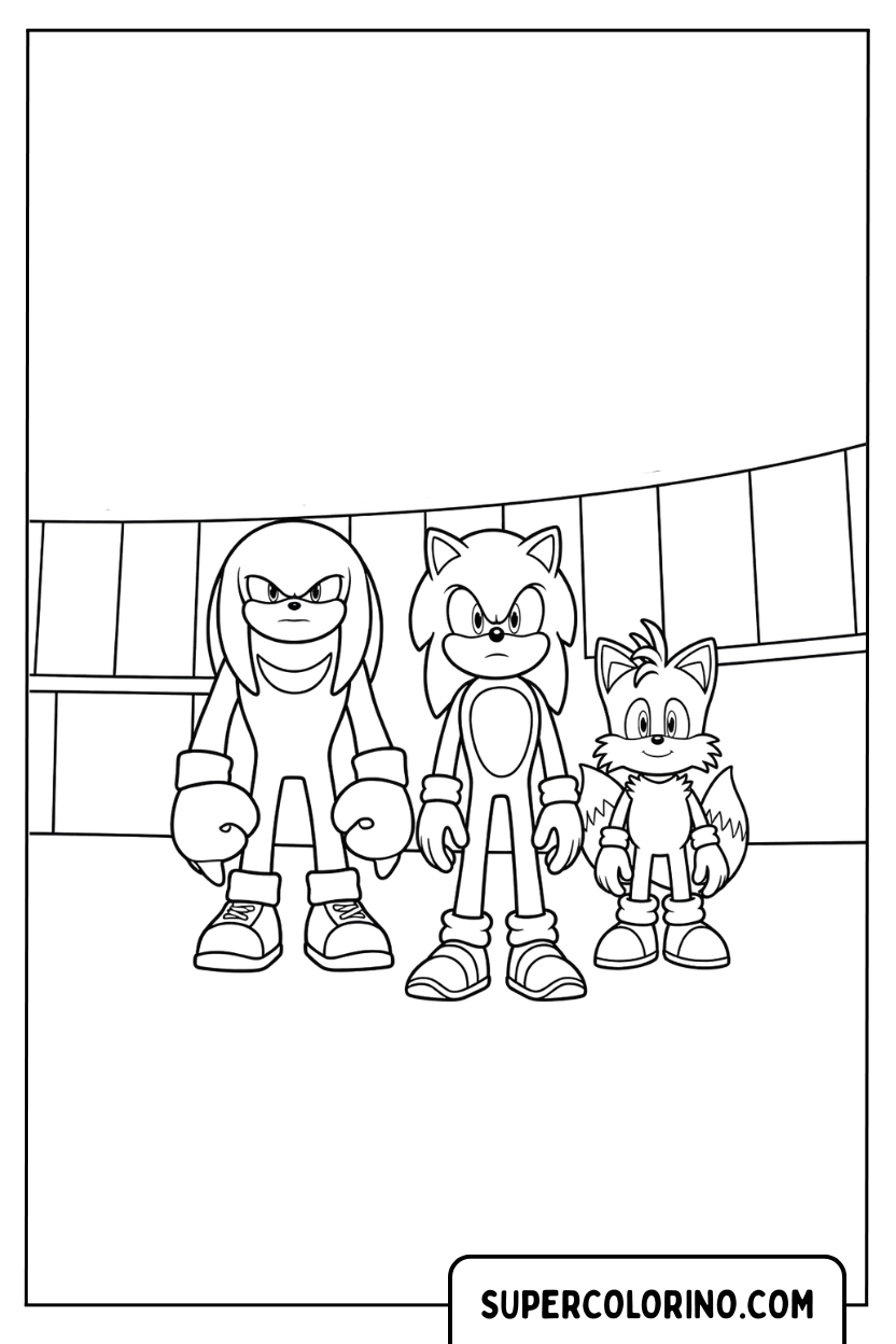 Sonic 3 Malvorlagen mit dem Team, das vor dem städtischen Hintergrund aufgereiht ist