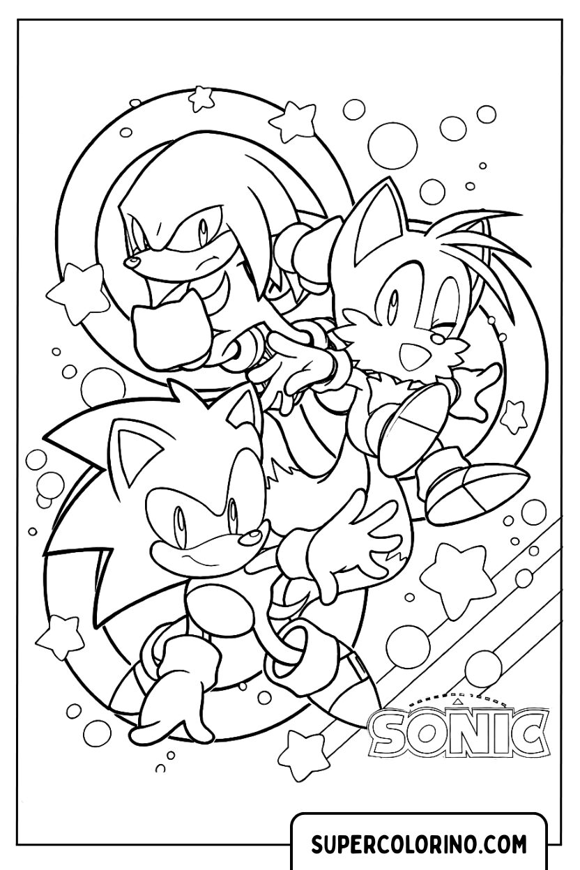 Ausmalbilder Sonic 3 mit Sonic, Tails und Knuckles in Aktion