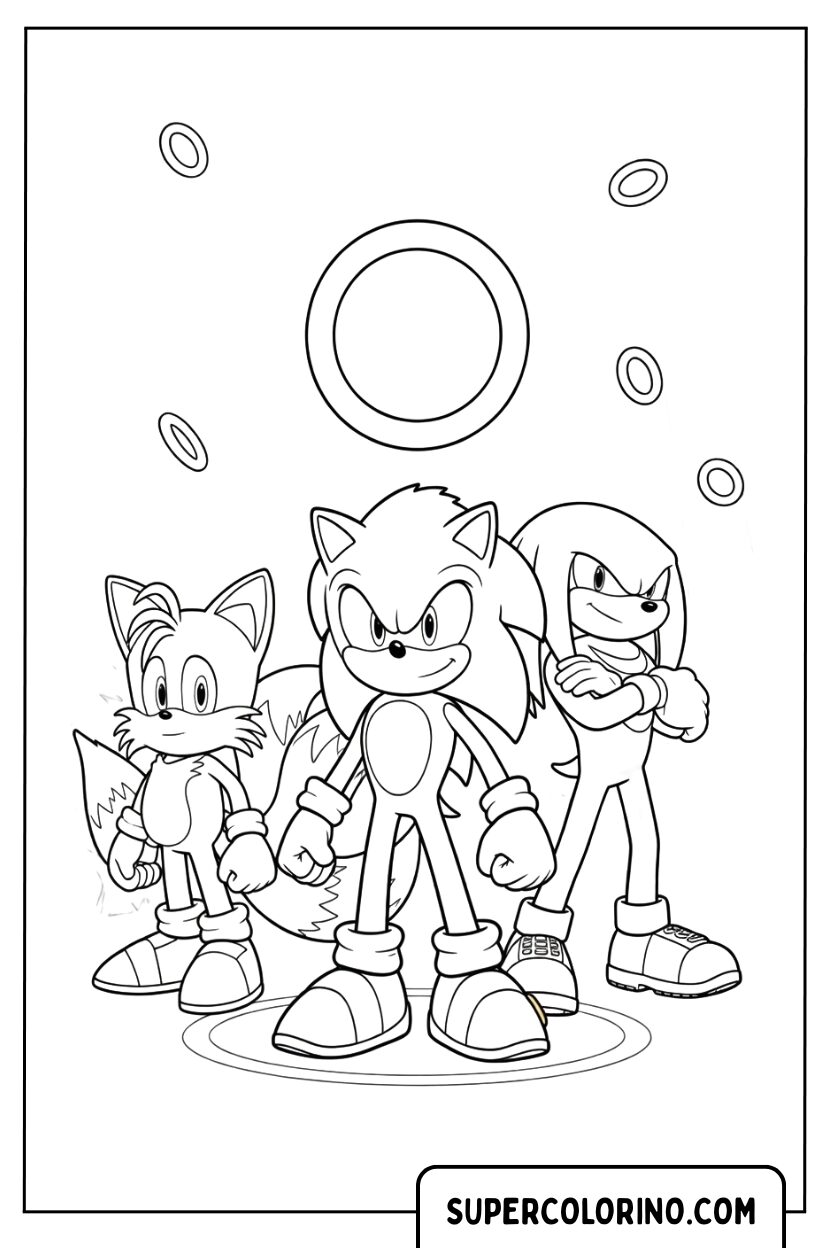 Disegni di Sonic, Tails e Knuckles con anelli da colorare Sonic 2