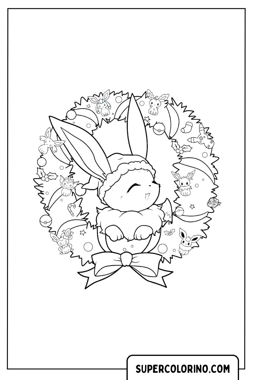 Pokemon Eevee Kerstmis met feestelijke kroon kleurplaat