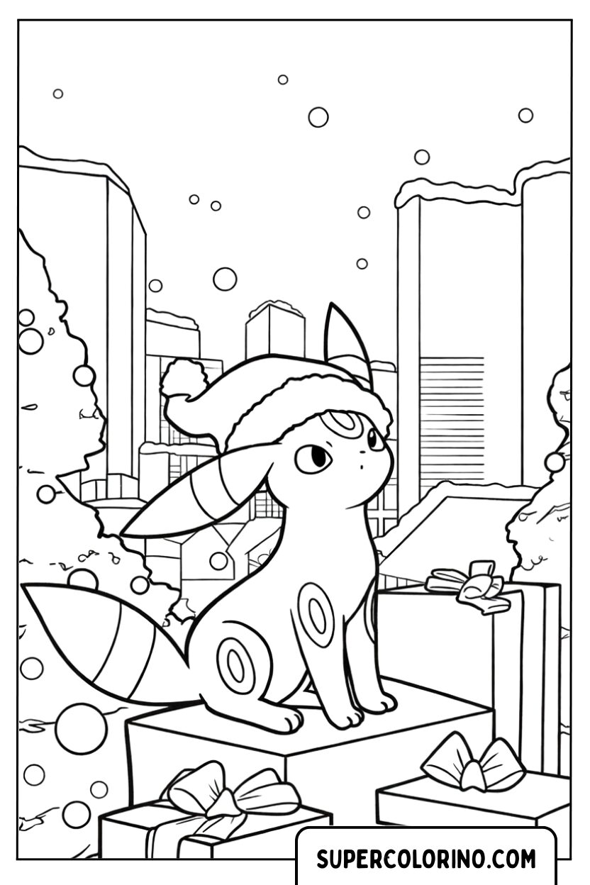 Pokemon Eevee Kerst in de besneeuwde stad kleurplaat