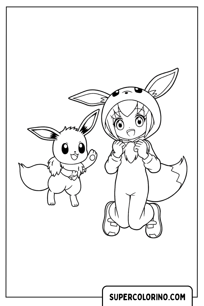 Malvorlage Pokemon Evoli mit Trainer