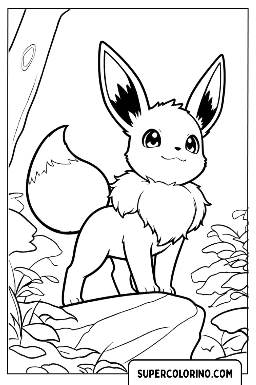 Malvorlage Pokemon Evoli auf einem Felsen im Wald
