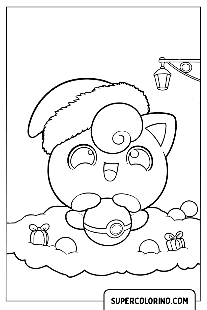 Pokemon Jigglypuff Kerstmis zit in de sneeuw met cadeautjes kleurplaat