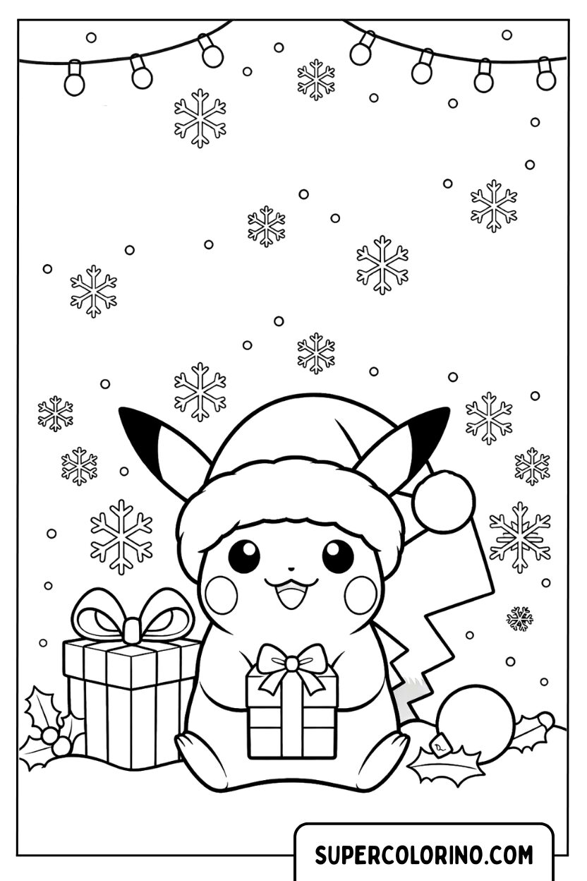 Pokemon Pikachu Kerstmis met cadeaus kleurplaat