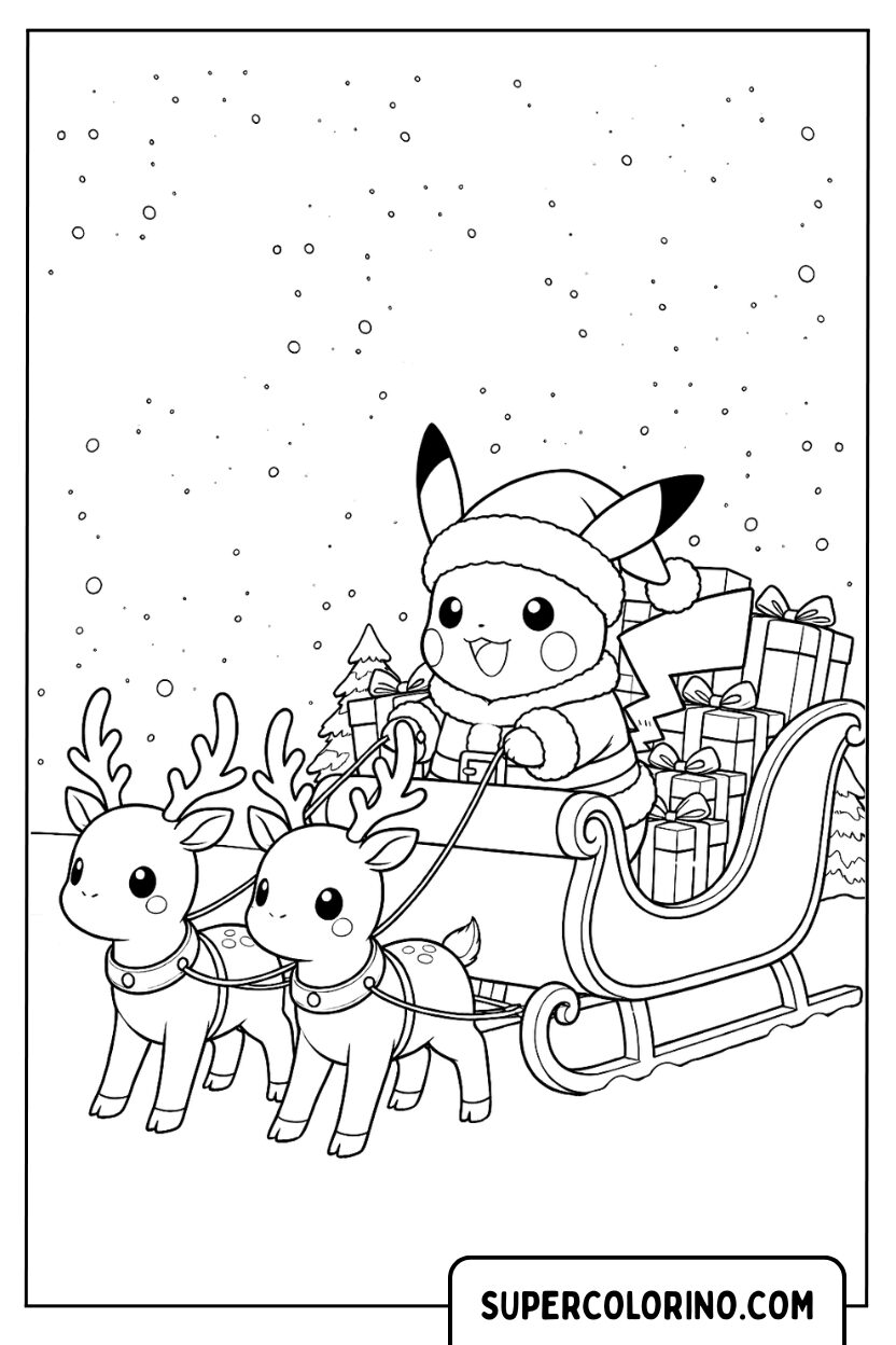 Pokemon Pikachu Kerstmis op de slee kleurplaat