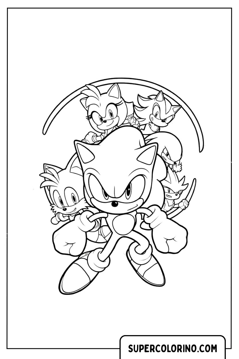 Malvorlage Sonic 3 mit Sonic und seinen Freunden in heroischer Pose