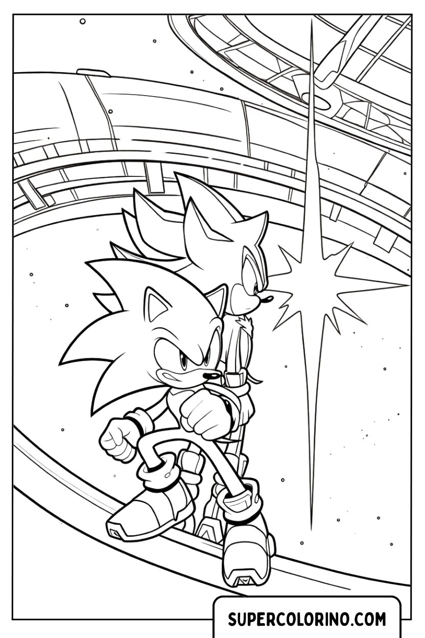 Disegno Sonic e Shadow da colorare con Sonic in ambientazione urbana