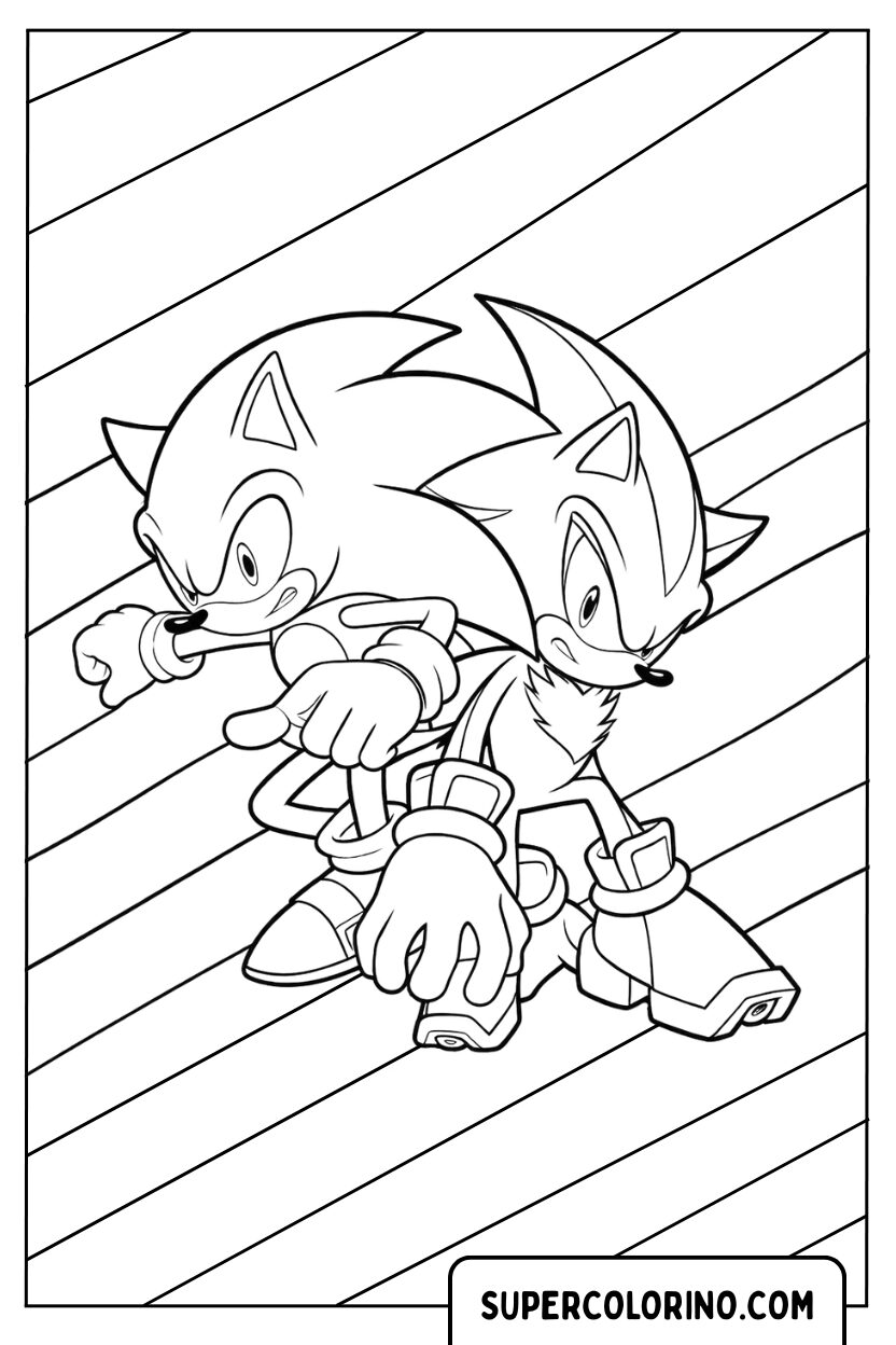 Disegno Sonic e Shadow da colorare con Sonic in posa d’azione
