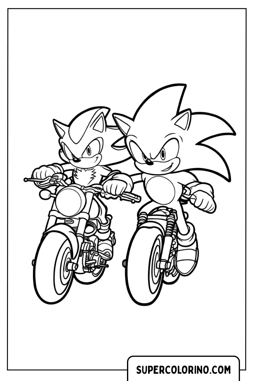 Disegno Sonic e Shadow da colorare in corsa con biciclette