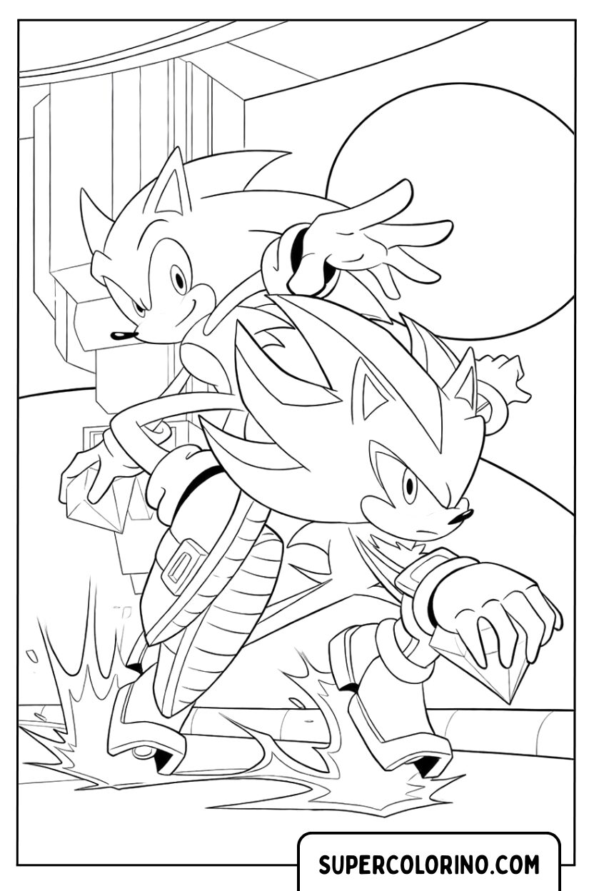 Disegno Sonic e Shadow da colorare in scena d’azione con impatto