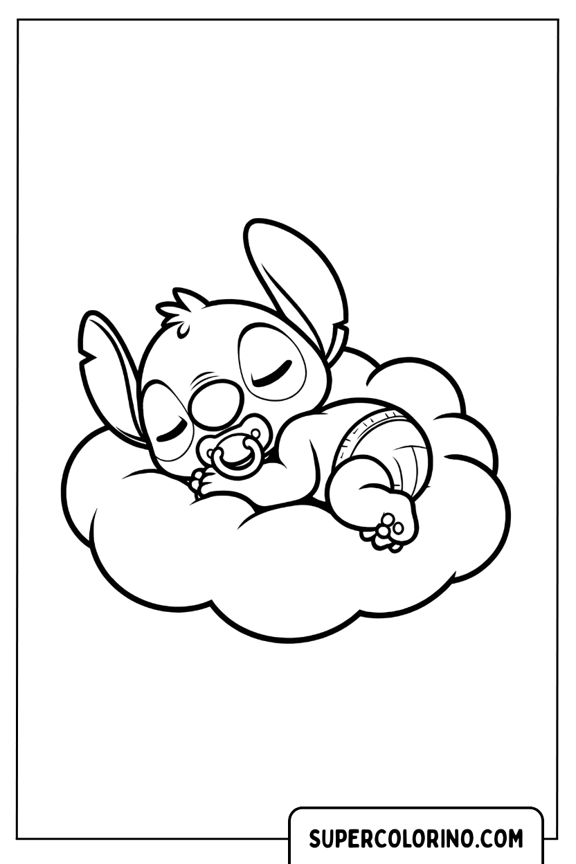 Baby Stitch slaapt op een wolk kleurplaat