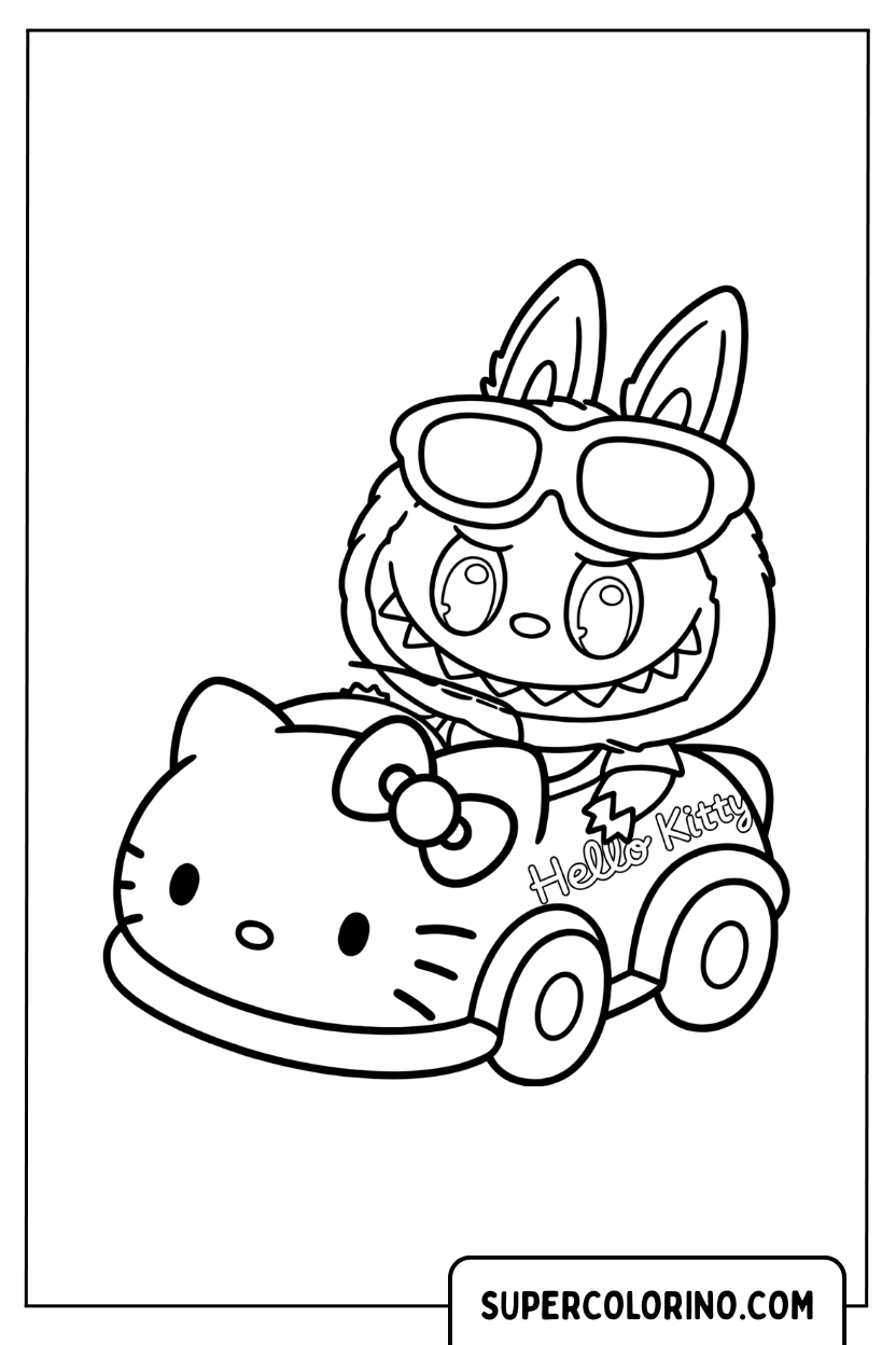 Disegno di Labubu alla guida dell'auto di Hello Kitty