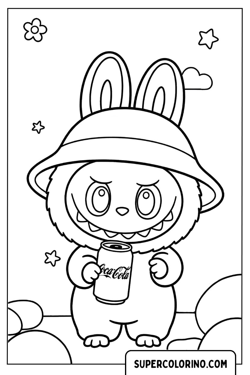 Disegno di Labubu con cappello e lattina Coca-Cola da colorare