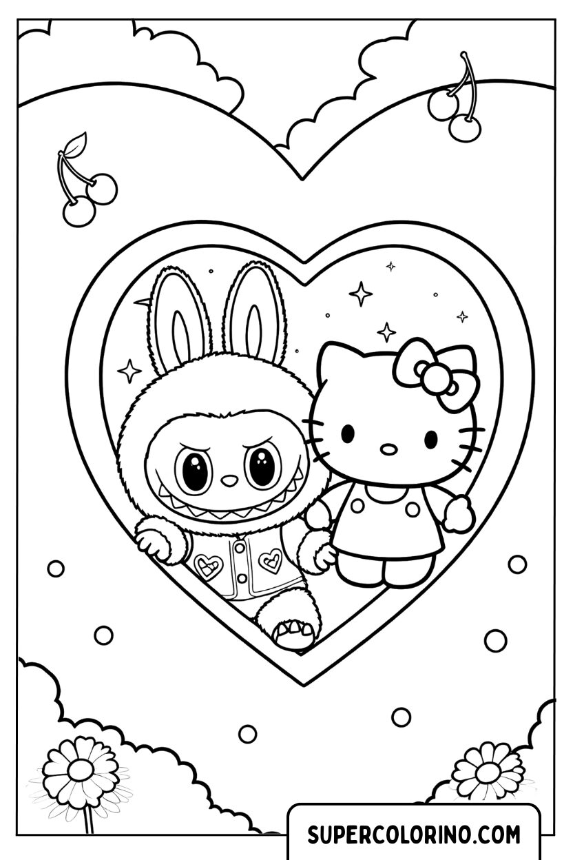 Disegno di Labubu e Hello Kitty dentro un cuore fiorito