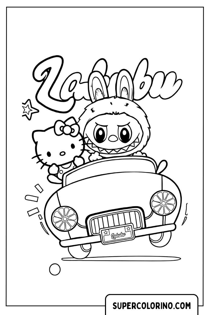 Disegno di Labubu e Hello Kitty in automobile da colorare