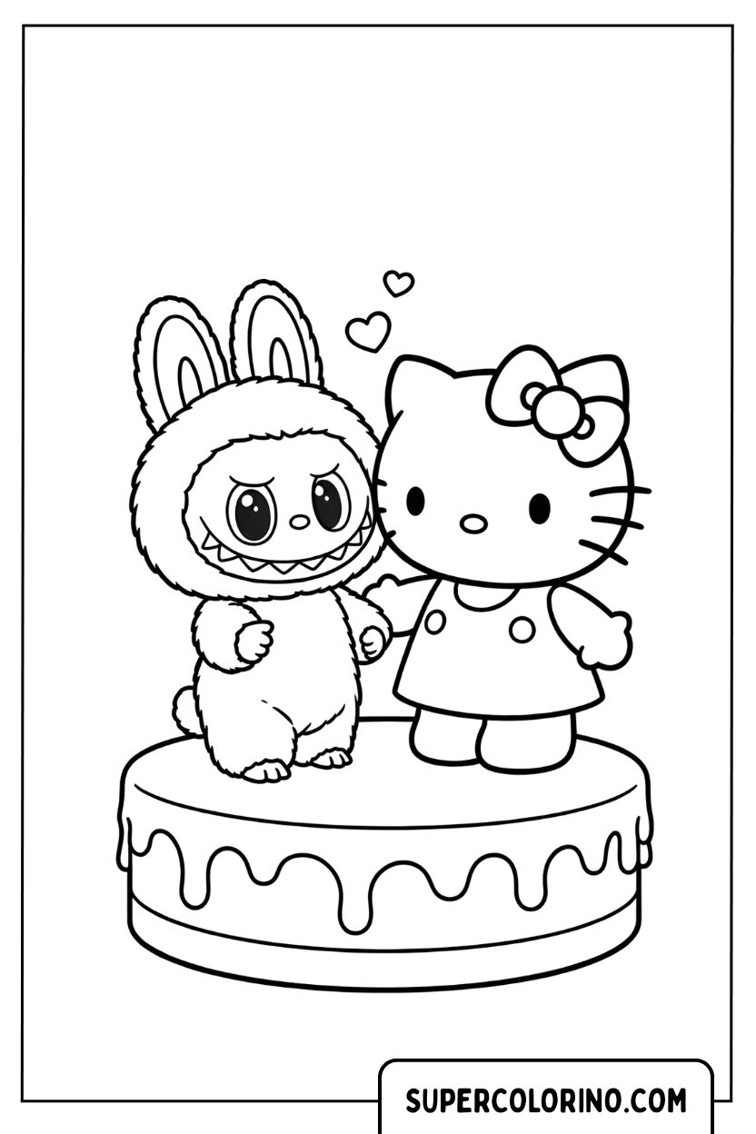 Disegno di Labubu e Hello Kitty sulla torta da colorare
