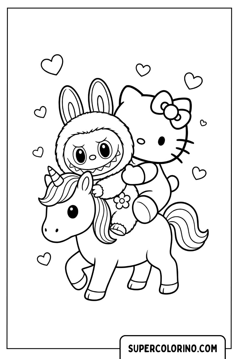 Disegno di Labubu e Hello Kitty sull'unicorno da colorare
