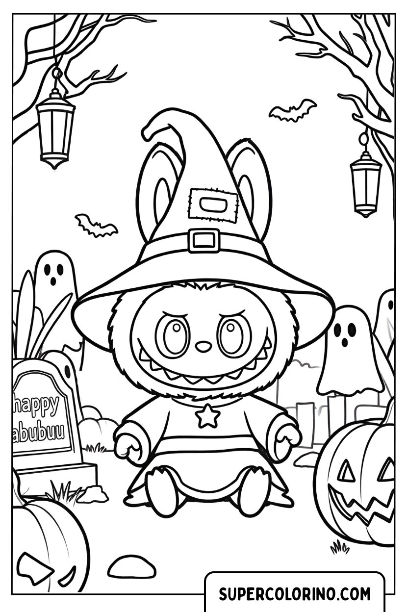 Coloriage Labubu dans le cimetière d'Halloween