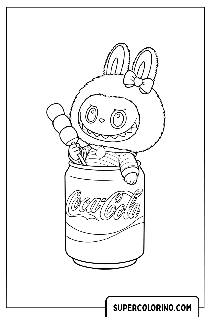 Disegno di Labubu sopra una lattina di Coca-Cola da colorare