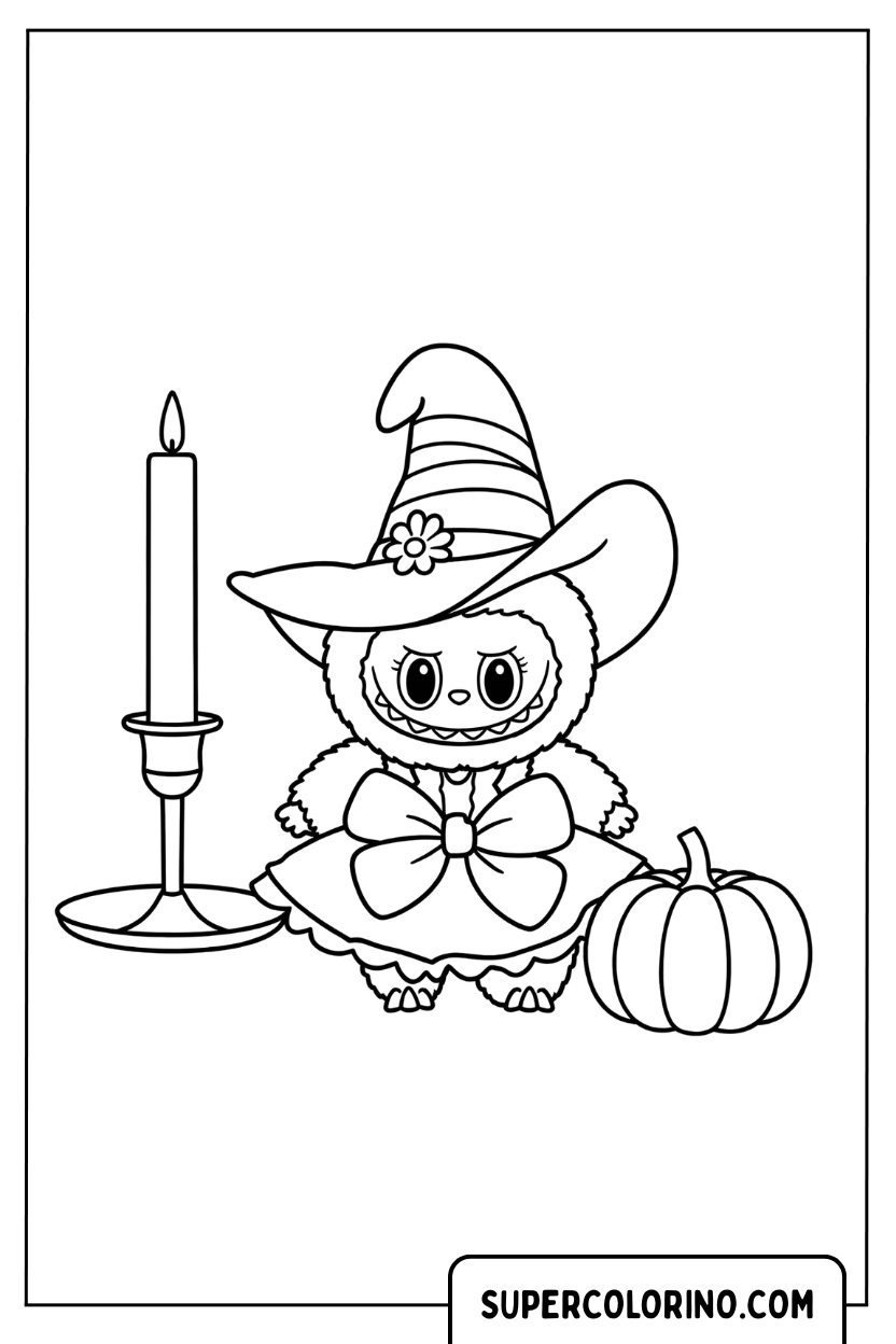 Dessin de la petite sorcière Labubu avec une bougie d'Halloween