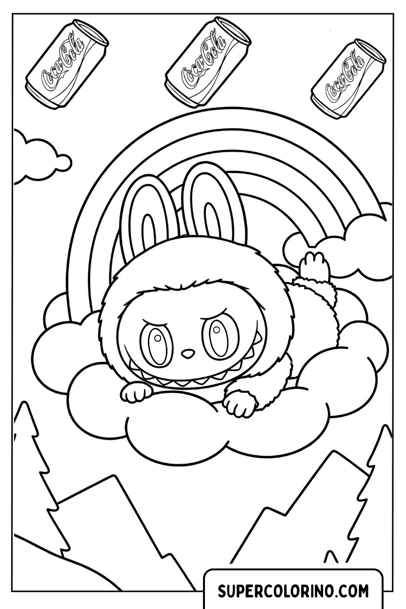 Disegno di Labubu sulle nuvole con Coca-Cola e arcobaleno