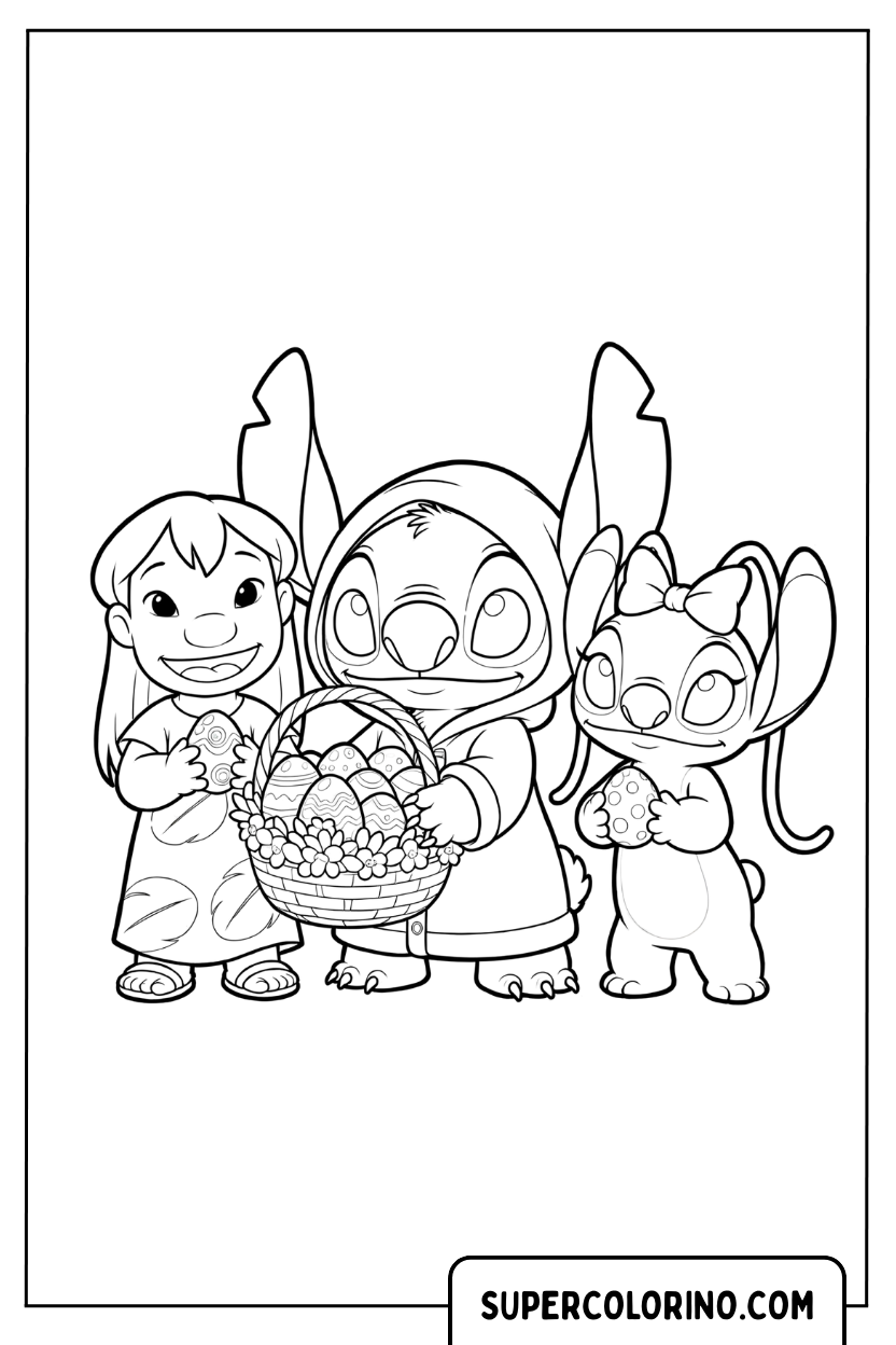 Lilo, Stitch en Angel met een paasmandje kleurplaat