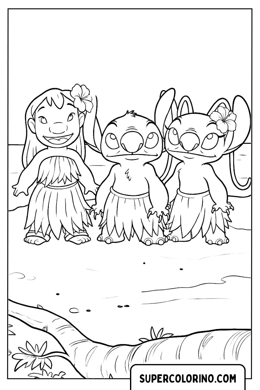 Lilo, Stitch en Angel poseren op het zand kleurplaat