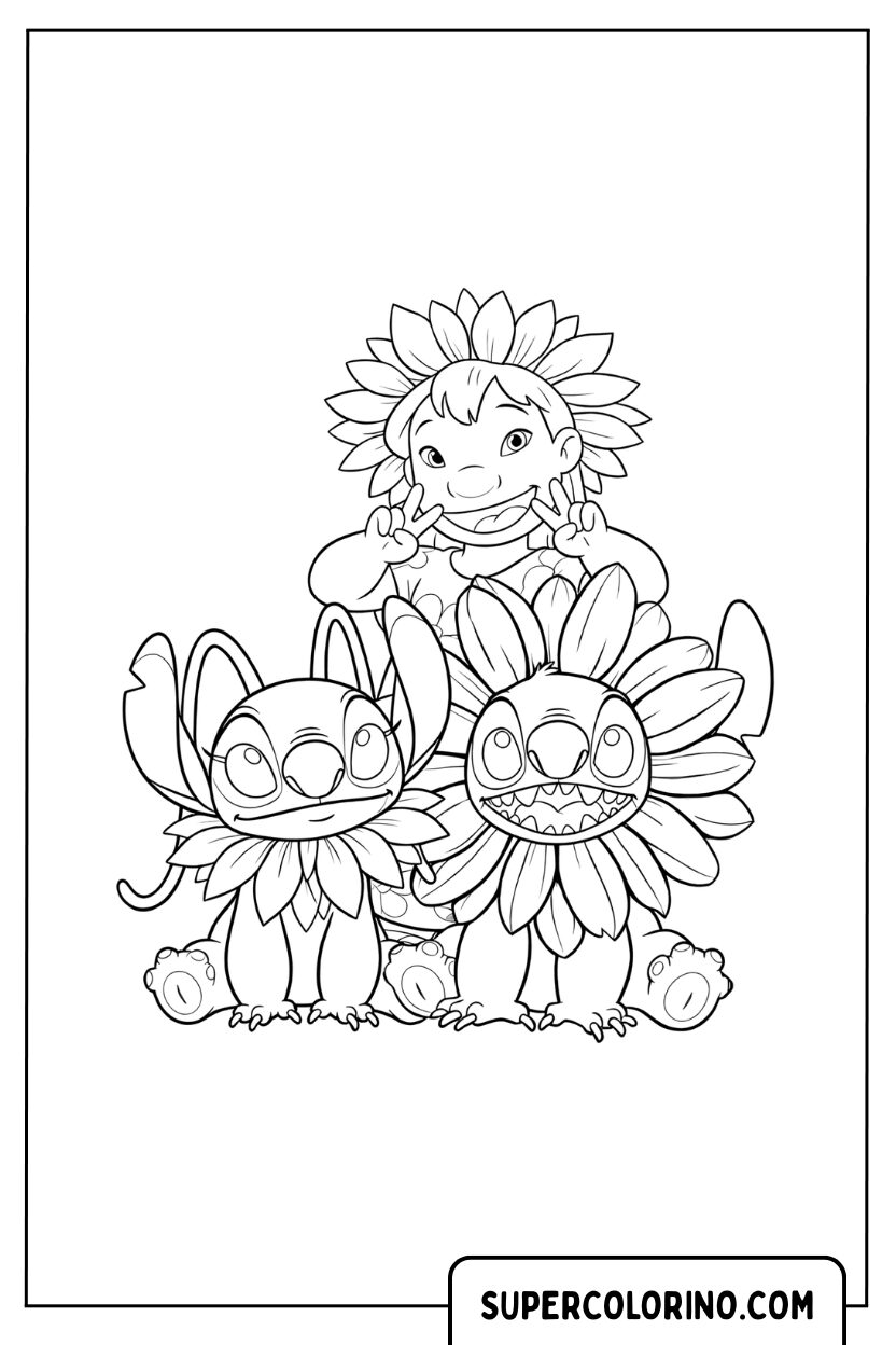 Lilo, Stitch en Angel omgezet in bloemen kleurplaat