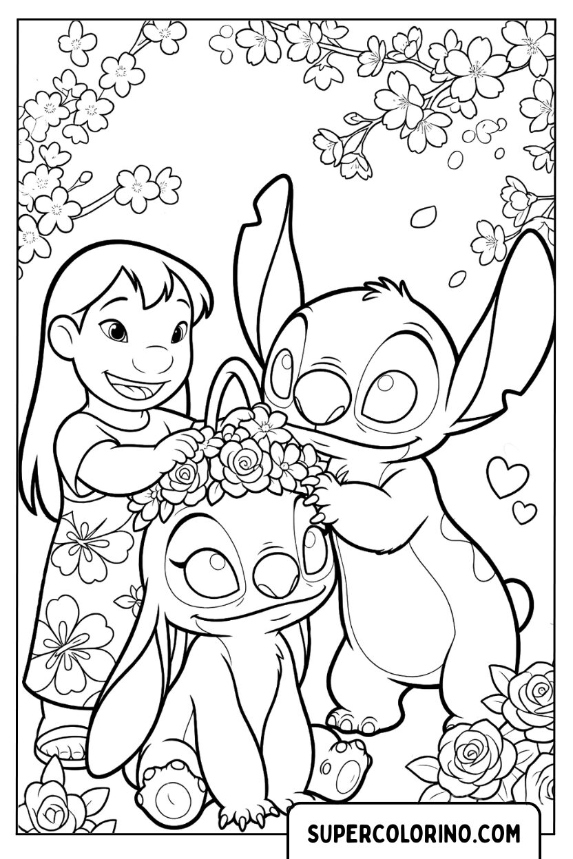 Lilo zet bloemenkronen op Stitch en Angel om te kleuren