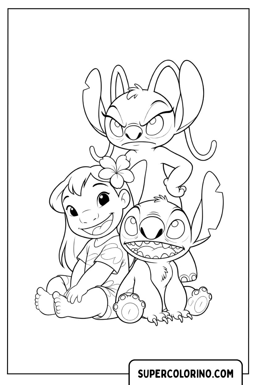 Lilo zit naast Stitch met Angel jaloerse kleurplaat