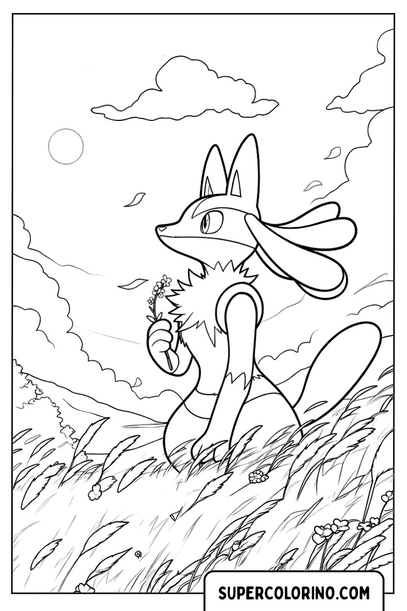 Zeichnung von Lucario, der auf Pokémon-Malvorlagen durch das Gras rennt