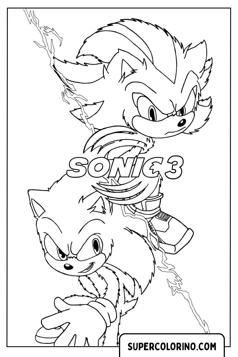 Malvorlage Sonic 3 mit Sonic und Shadow, bereit für die Herausforderung