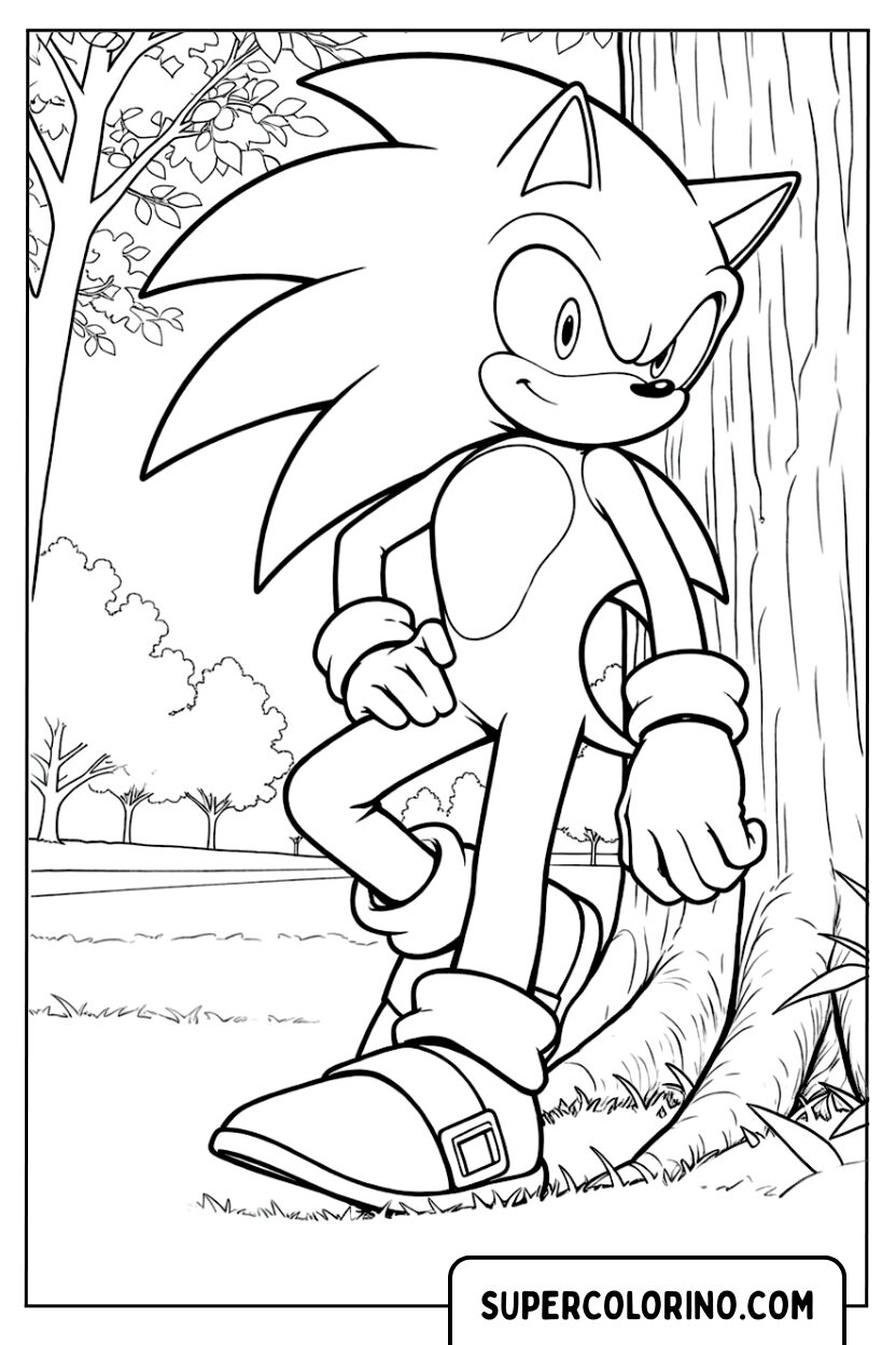 Sonic lehnt sich an den Baum. Malvorlage Sonic 2