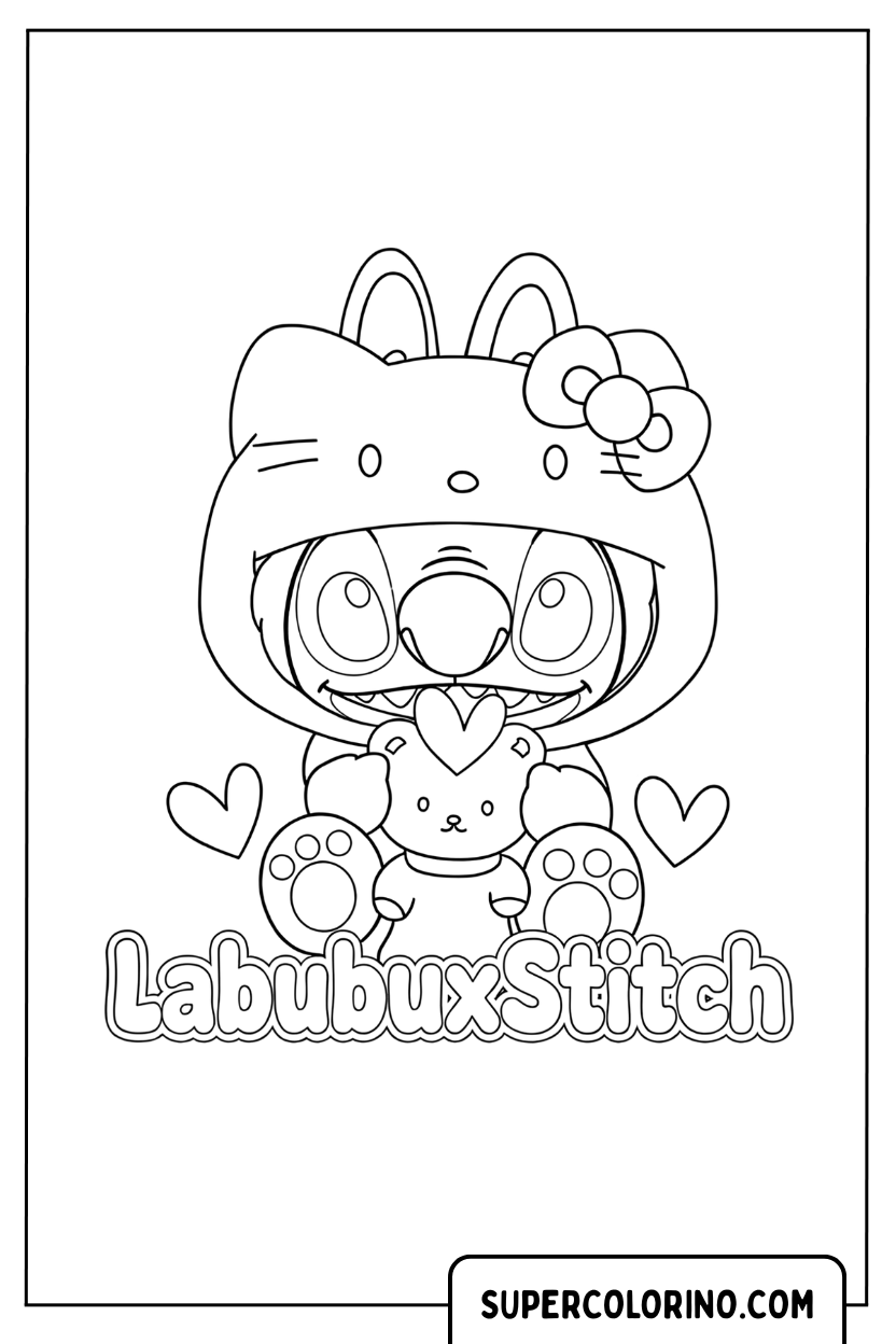 Ausmalbild: Stitch Labubu umarmt einen Teddybären