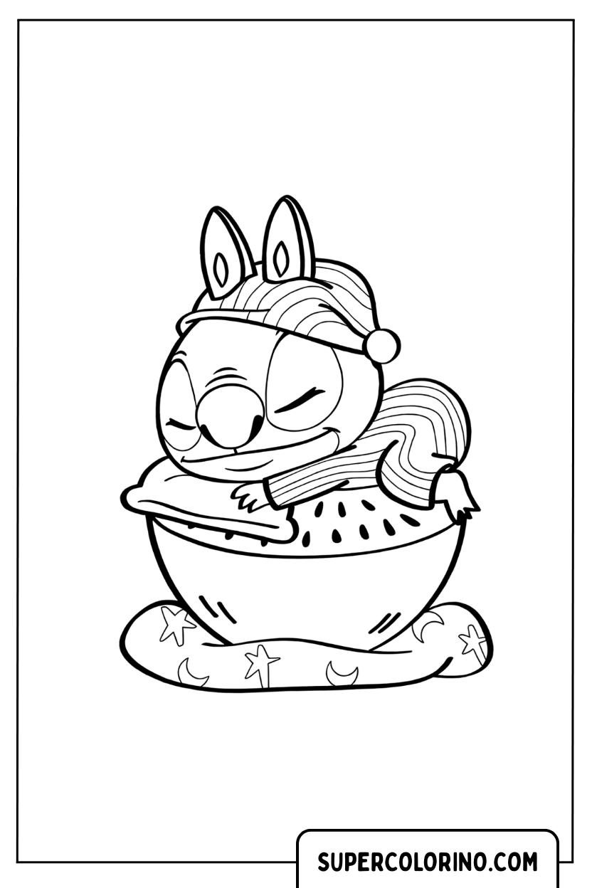 Stitch Labubu schläft auf einer Scheibe Wassermelone zum Ausmalen