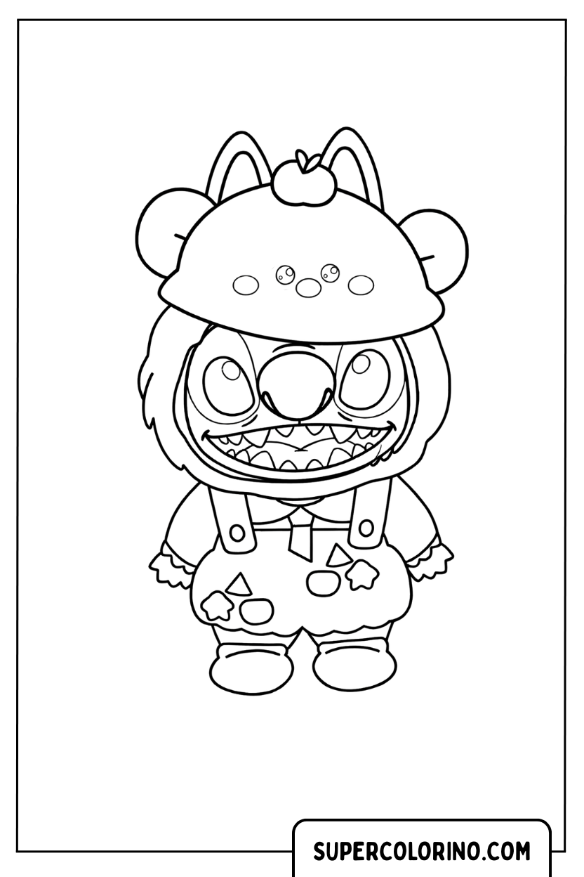 Ausmalbild: Stitch Labubu trägt eine Teddybärmütze