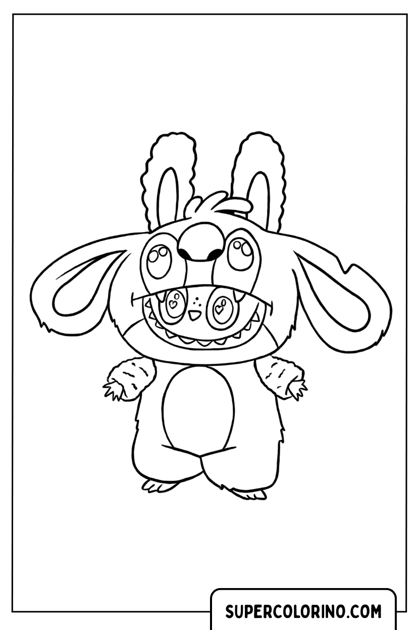Ausmalbild: Stitch Labubu mit großen gestreckten Ohren