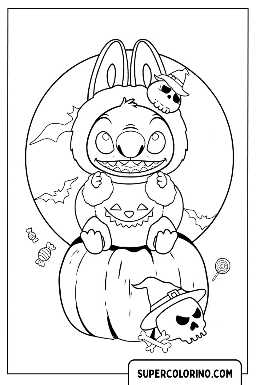 Sticken Sie Labubu auf einer Halloween-Kürbis-Malvorlage